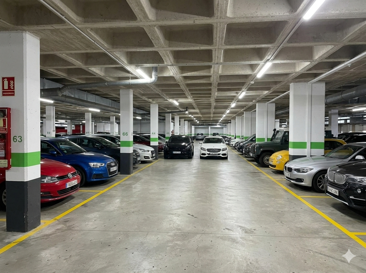 Parking subterráneo iluminado con coches aparcados